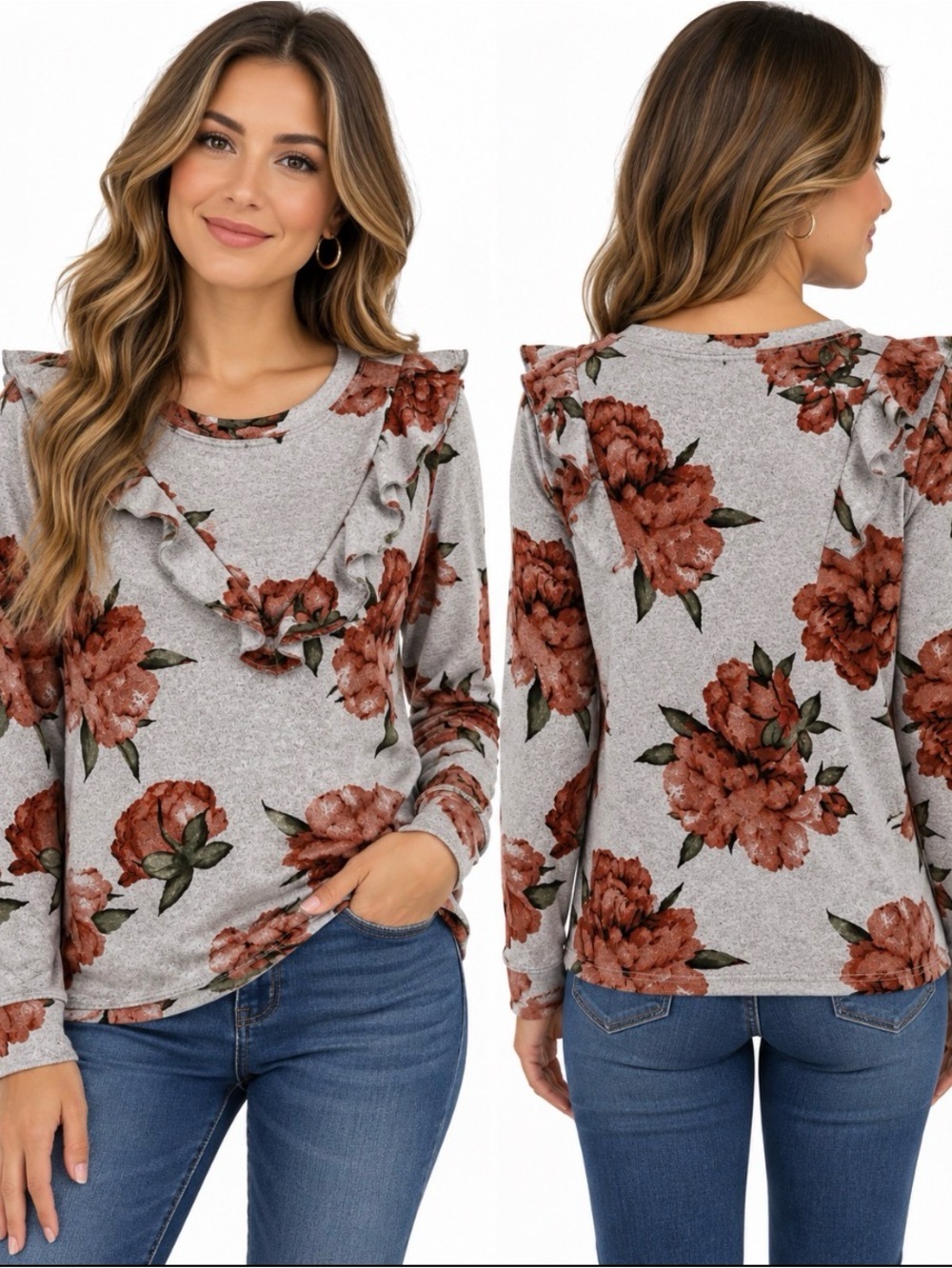 Modcloth Gray Sweater with Rust Floral Print and Ruffle Trim
